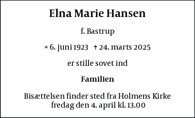 Dødsannonce for Elna Marie Hansen