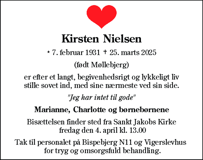Dødsannonce for Kirsten Nielsen