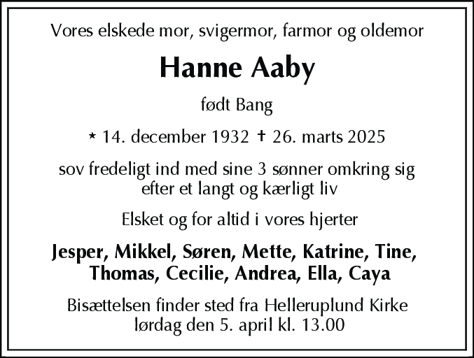 Dødsannonce for Hanne Aaby