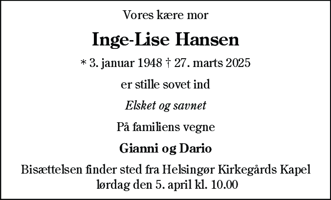 Dødsannonce for Inge-Lise Hansen