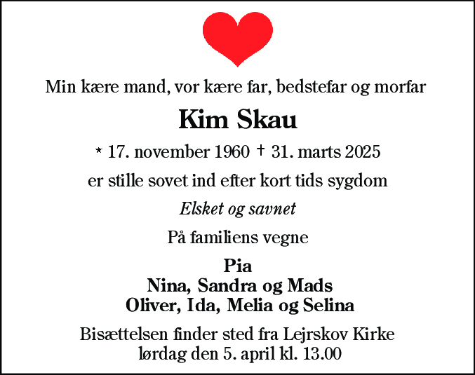 Dødsannonce for Kim Skau
