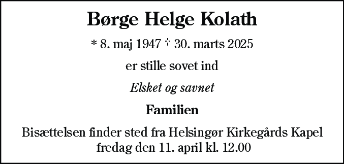 Dødsannonce for Børge Helge Kolath