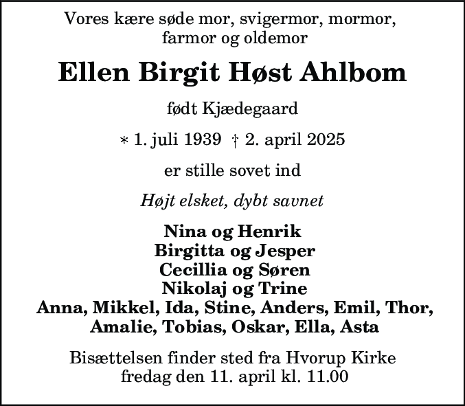 Dødsannonce for Ellen Birgit Høst Ahlbom