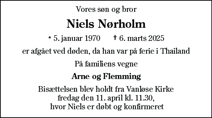 Dødsannonce for Niels Nørholm