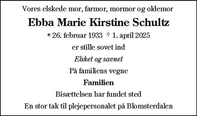 Dødsannonce for Ebba Marie Kirstine Schultz