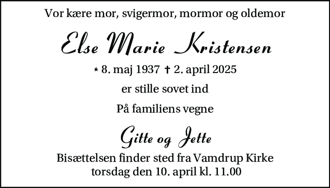 Dødsannonce for Else Marie Kristensen