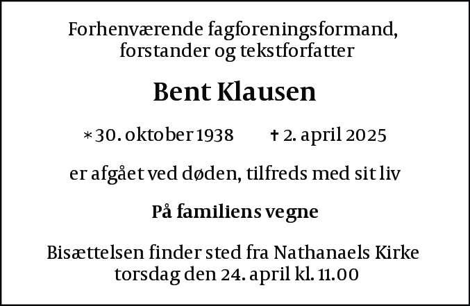 Dødsannonce for Bent Klausen