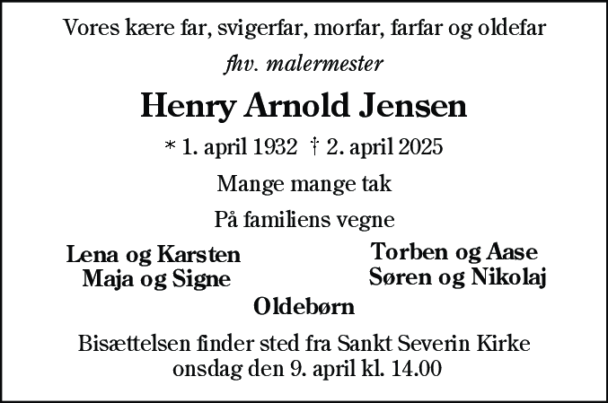 Dødsannonce for Henry Arnold Jensen