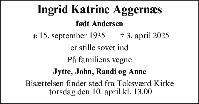 Dødsannonce for Ingrid Katrine Aggernæs