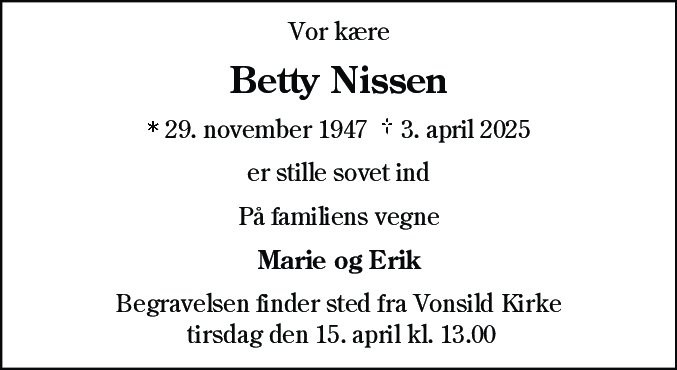Dødsannonce for Betty Nissen