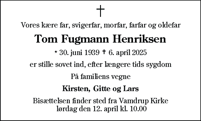 Dødsannonce for Tom Fugmann Henriksen