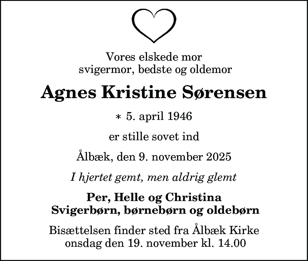 Dødsannonce for Agnes Kristine Sørensen