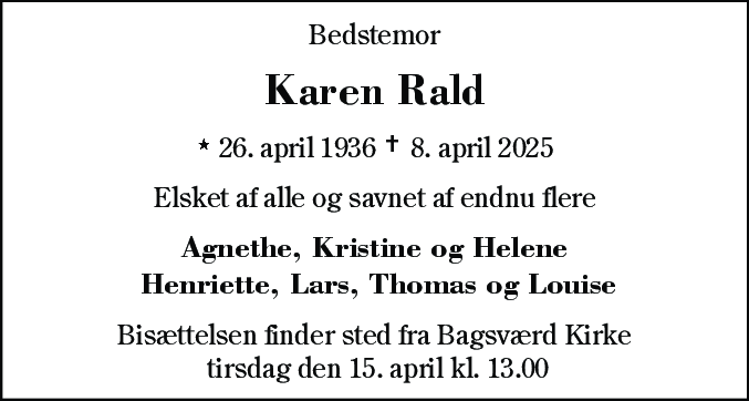 Dødsannonce for Karen Rald