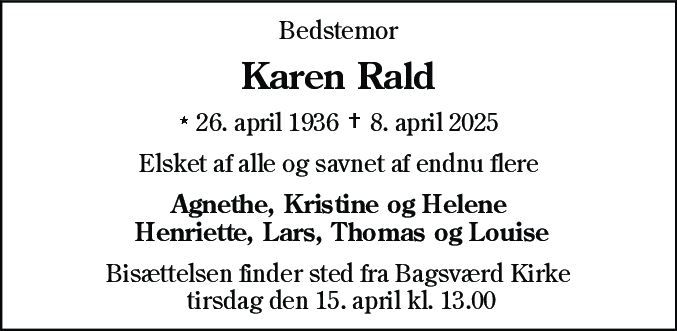 Dødsannonce for Karen Rald