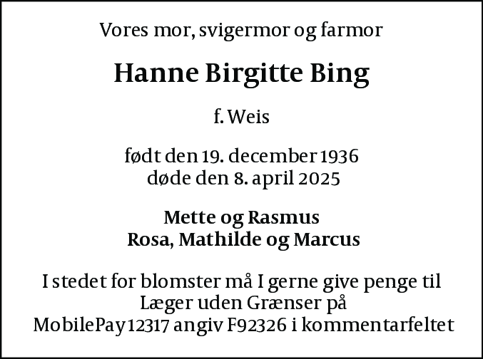 Dødsannonce for Hanne Birgitte Bing