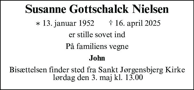 Dødsannonce for Susanne Gottschalck Nielsen