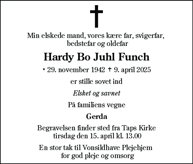 Dødsannonce for Hardy Bo Juhl Funch