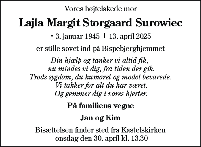 Dødsannonce for Lajla Margit Surowiec