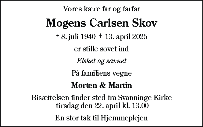 Dødsannonce for Mogens Carlsen Skov