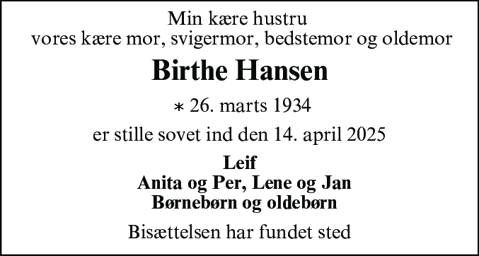 Dødsannonce for Birthe Hansen