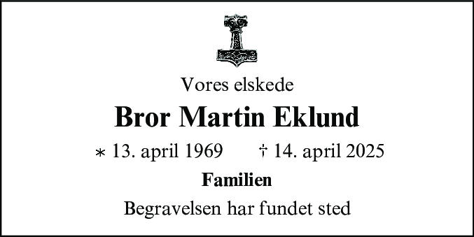 Dødsannonce for Bror Martin Eklund