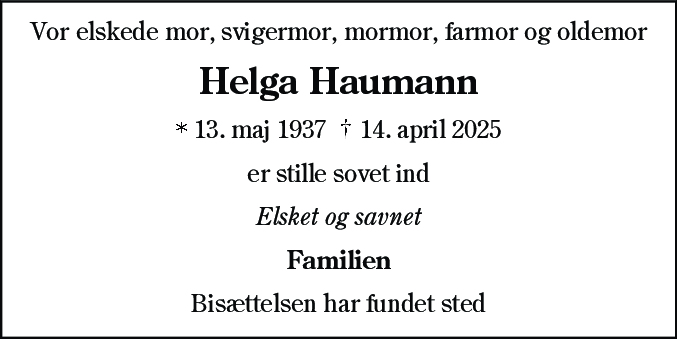 Dødsannonce for Helga Haumann