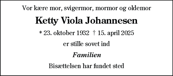 Dødsannonce for Ketty Viola Johannesen