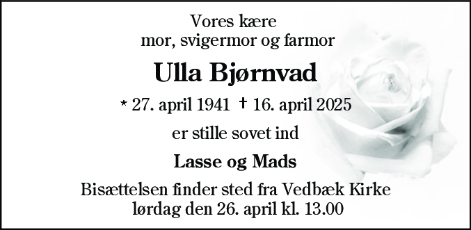 Dødsannonce for Ulla Bjørnvad