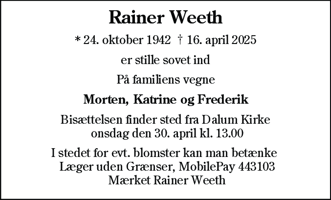 Dødsannonce for Ernst Rainer Weeth