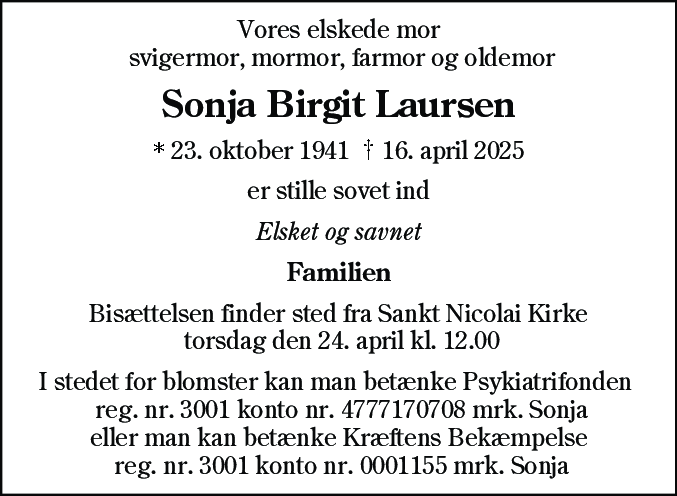 Dødsannonce for Sonja Birgit Laursen