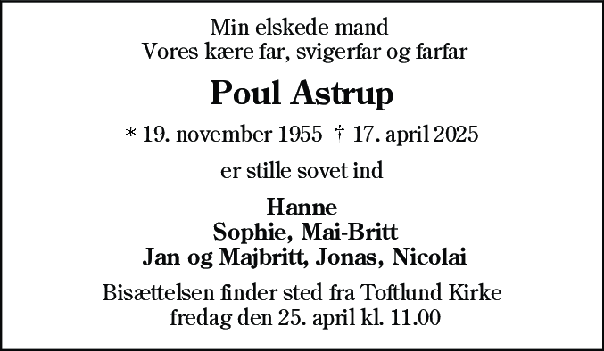 Dødsannonce for Poul Astrup