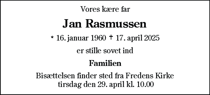 Dødsannonce for Jan Rasmussen
