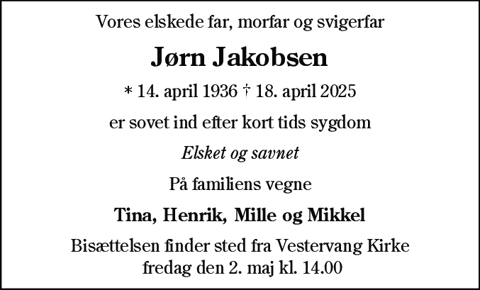 Dødsannonce for Jørn Jakobsen