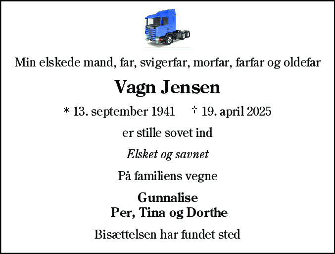 Dødsannonce for Vagn Jensen