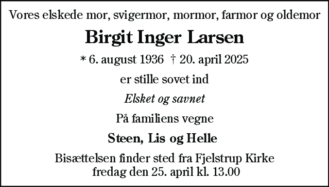 Dødsannonce for Birgit Inger Larsen