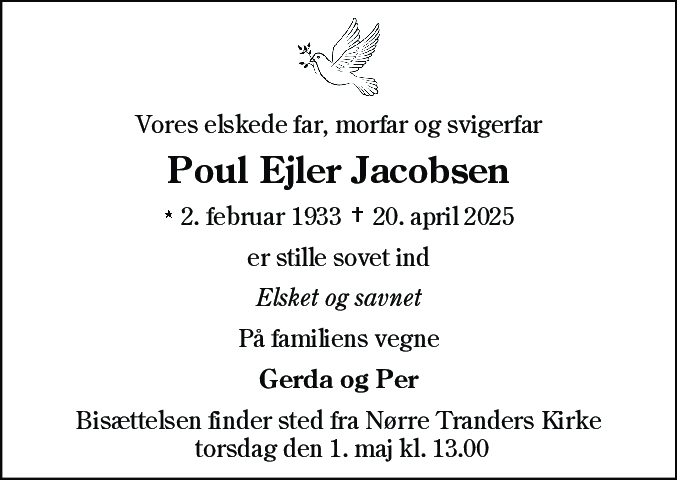 Dødsannonce for Poul Ejler Jacobsen