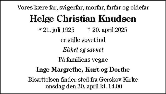 Dødsannonce for Helge Christian Knudsen