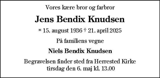 Dødsannonce for Jens Bendix Knudsen