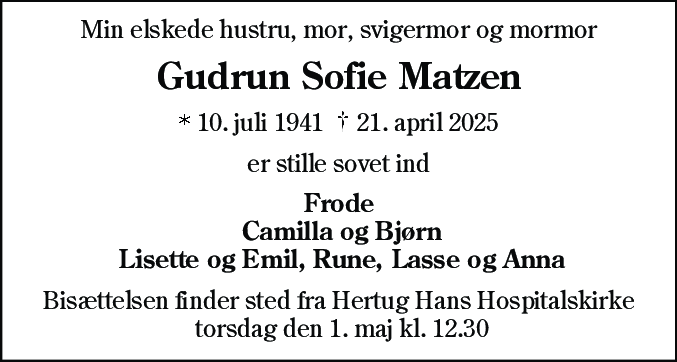 Dødsannonce for Gudrun Sofie Matzen