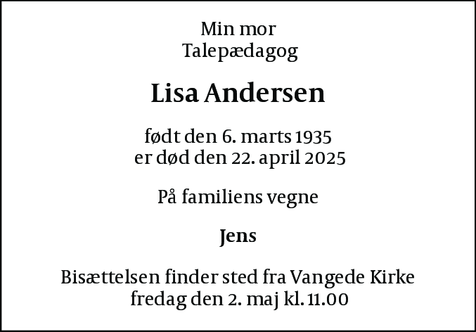 Dødsannonce for Lisa Andersen