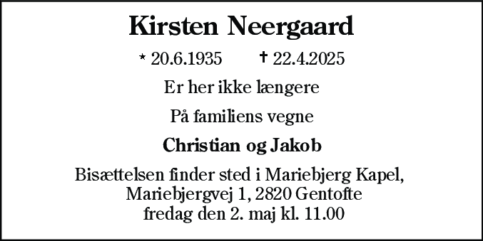 Dødsannonce for Kirsten Neergaard