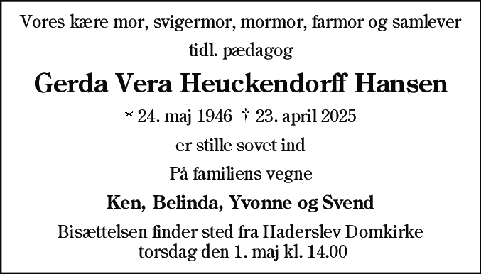 Dødsannonce for Gerda Vera Heuckendorff Hansen