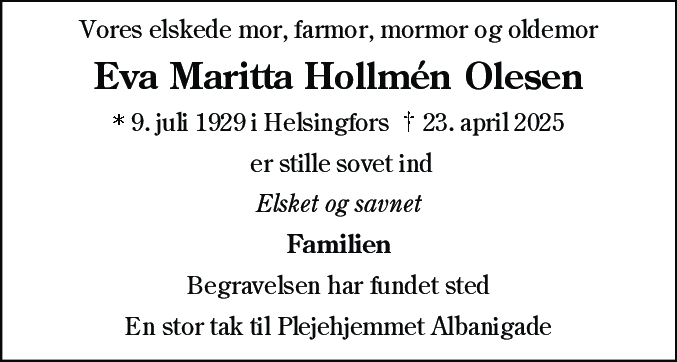 Dødsannonce for Eva Maritta Hollmén Olesen