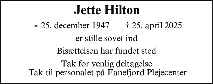 Dødsannonce for Jette Vibeke Hilton