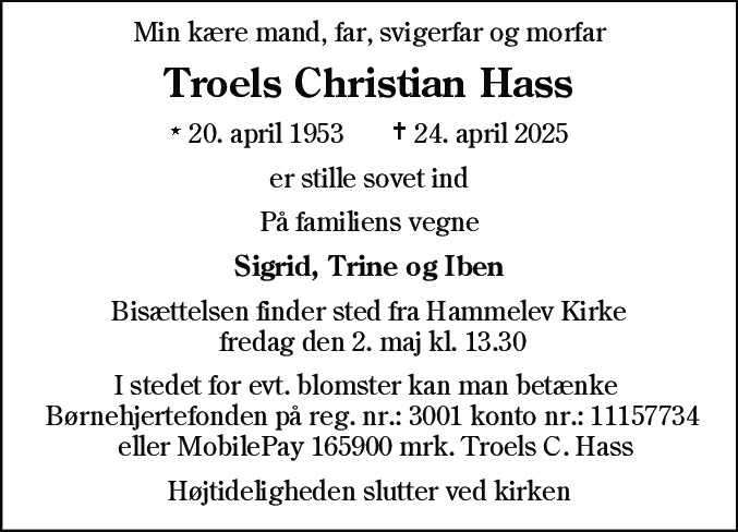 Dødsannonce for Troels Christian Hass