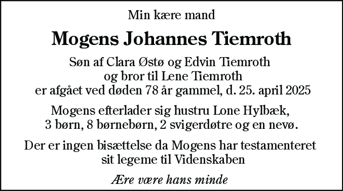 Dødsannonce for Mogens Johannes Tiemroth