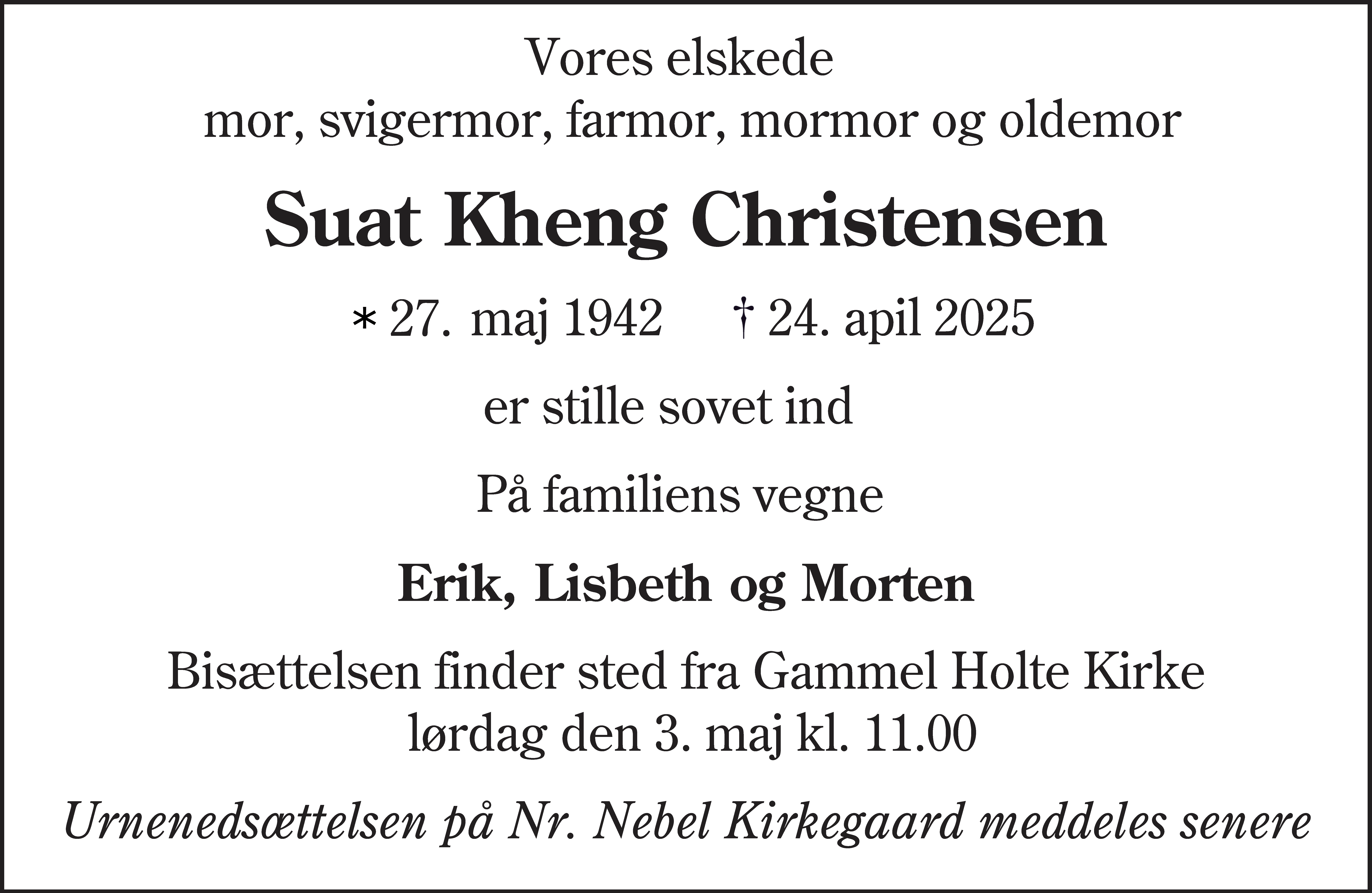 Dødsannonce for Suat Kheng Christensen