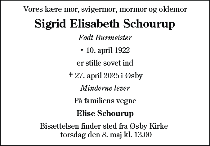 Dødsannonce for Sigrid Elisabeth Schourup