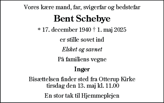 Dødsannonce for Bent Schebye