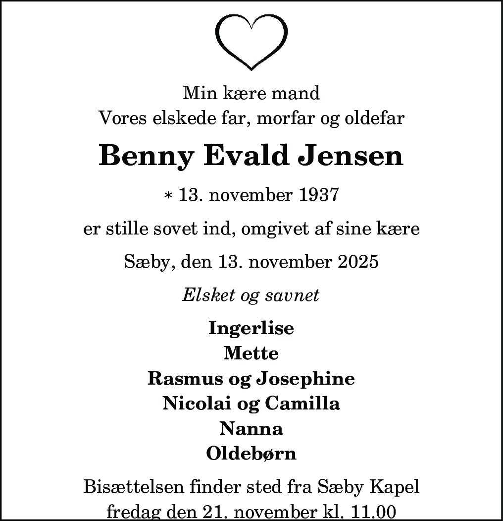 Dødsannonce for Benny Evald Jensen